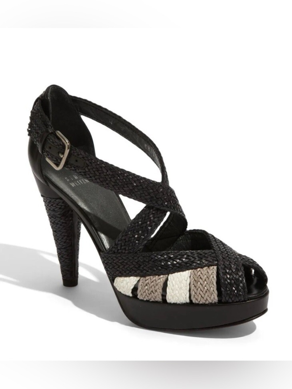 Stuart Weitzman Black Braided Platform Sandals with Neutral Woven Stripes